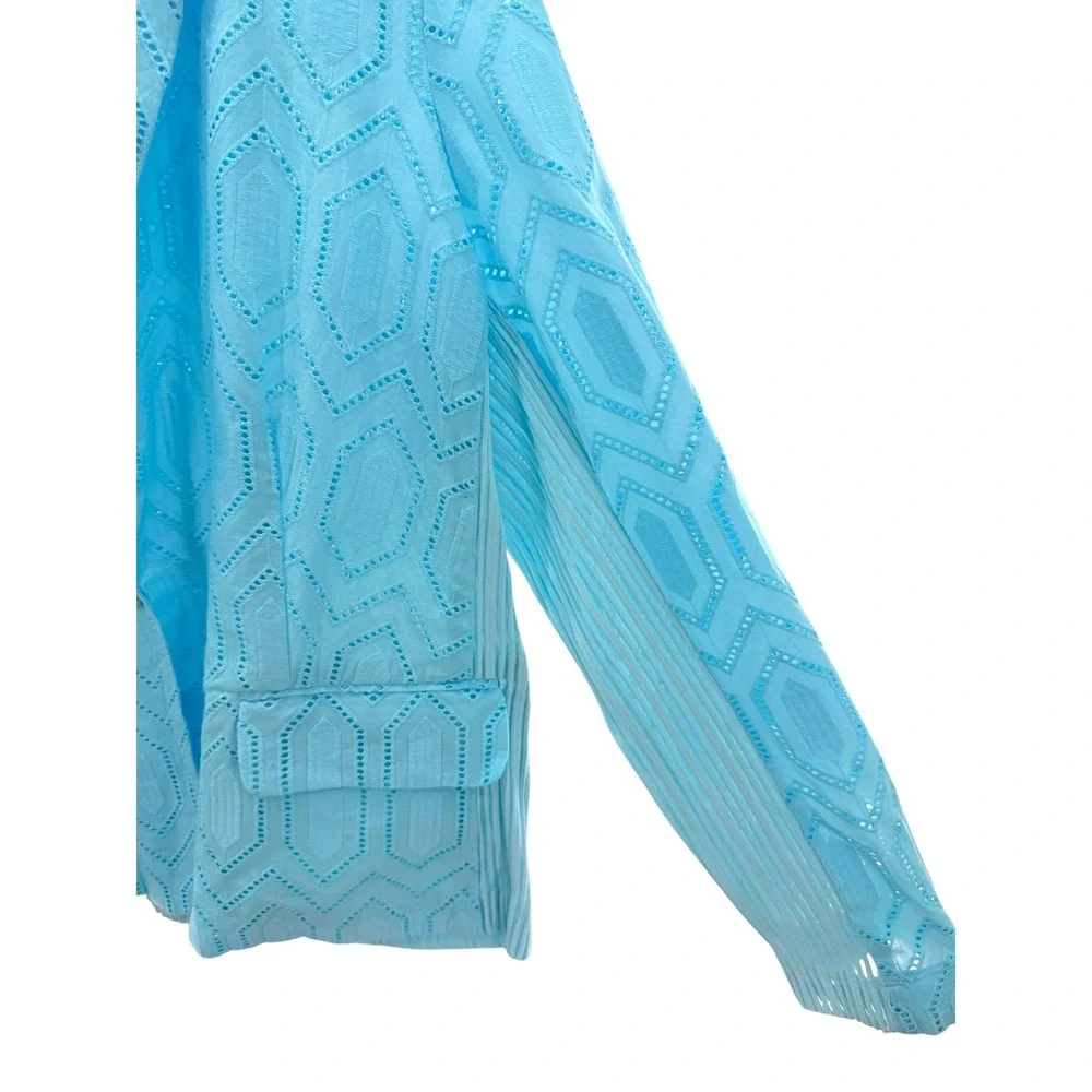 Chico's Celebration Eyelet Blazer Aria Aqua Blue Geometric Knit Jacket 2 L New